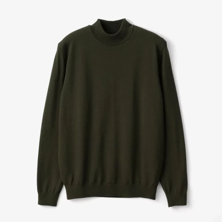 Front view of the Mooncastle Wool Mock Neck Long Sleeve Dark Olive showing the refined silhouette, rich dark olive tone, and soft wool texture.
