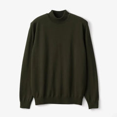 Front view of the Mooncastle Wool Mock Neck Long Sleeve Dark Olive showing the refined silhouette, rich dark olive tone, and soft wool texture.