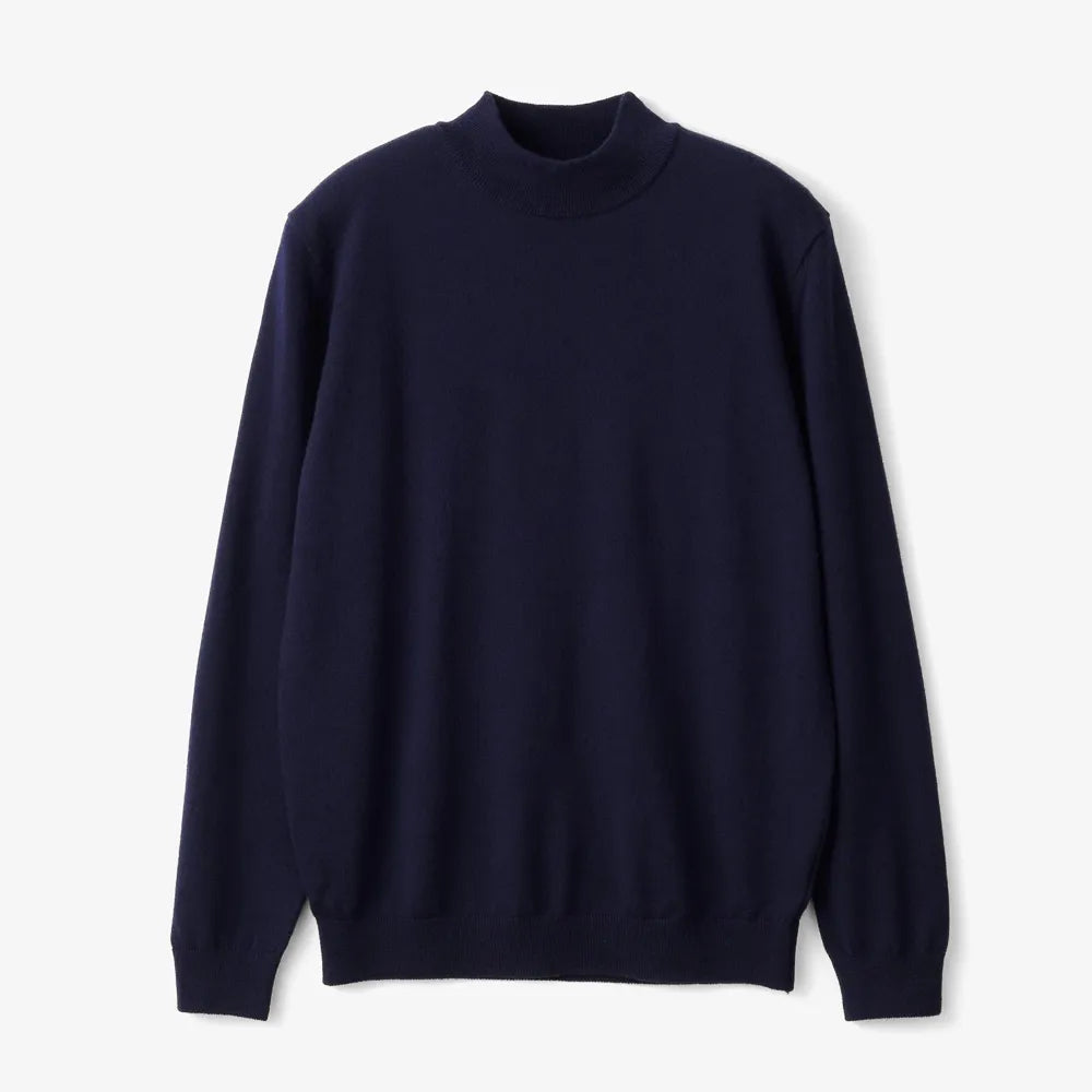 Front view of the Mooncastle Wool Mock Neck Long Sleeve Navy showing the clean mock-neck silhouette, deep navy tone, and soft wool texture.