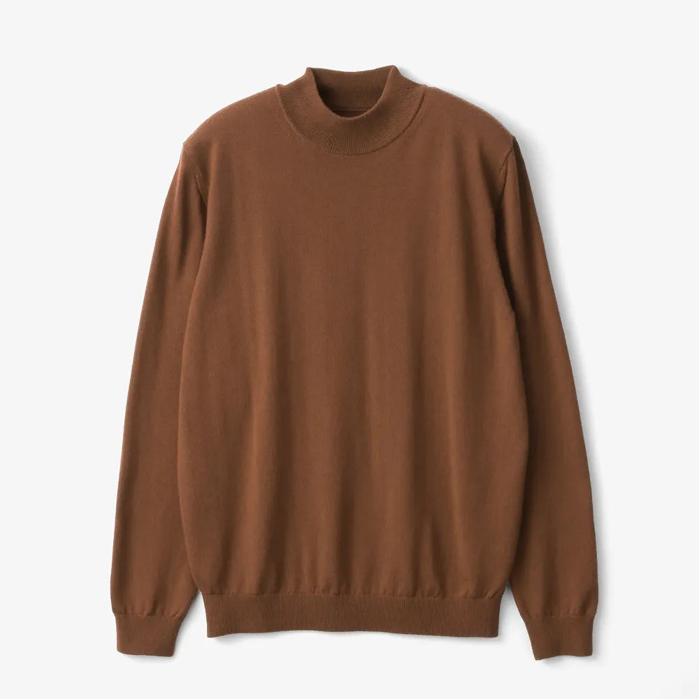 Front view of the Mooncastle Wool Mock Neck Long Sleeve Nutmeg showing the warm brown-nutmeg tone, soft wool texture, and refined mock-neck silhouette.