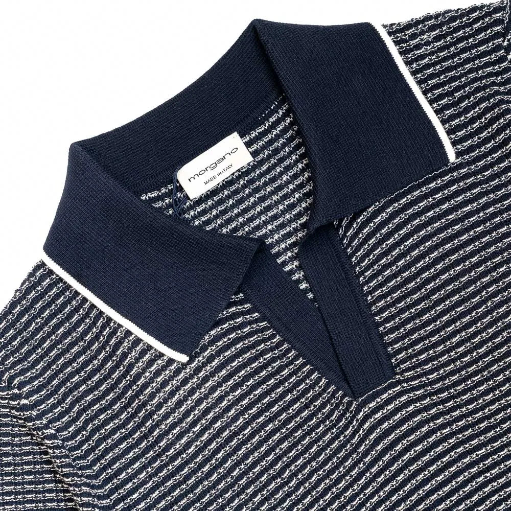 Close-up of the polo collar highlighting the knit construction and jacquard pattern detail.