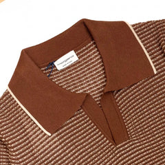 Close-up of the polo collar highlighting the knit construction and jacquard pattern detail.