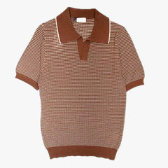 Front view of the Morgano jacquard polo neck in marrone and beige featuring a patterned knit design and refined silhouette.