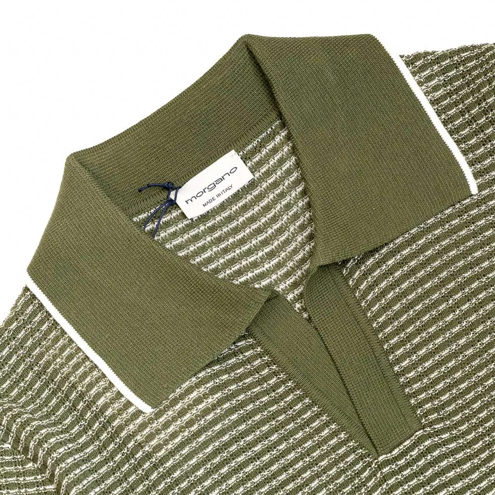 Close-up of the polo collar highlighting the knit construction and jacquard pattern detail.