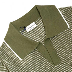 Close-up of the polo collar highlighting the knit construction and jacquard pattern detail.