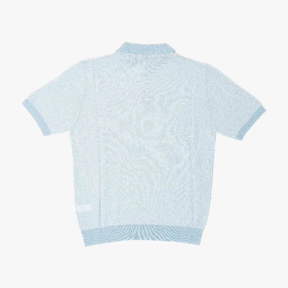 Back view of the Morgano polo shirt in cielo and latte highlighting the neat back panel and balanced proportions.