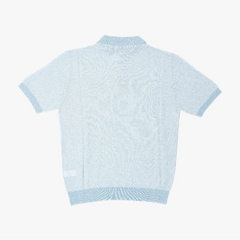 Back view of the Morgano polo shirt in cielo and latte highlighting the neat back panel and balanced proportions.