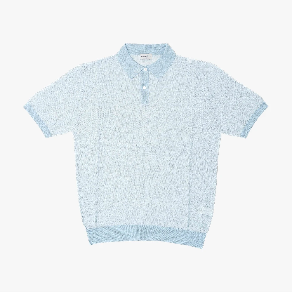 Front view of the Morgano polo shirt in cielo and latte showing the clean knit construction and classic polo silhouette.
