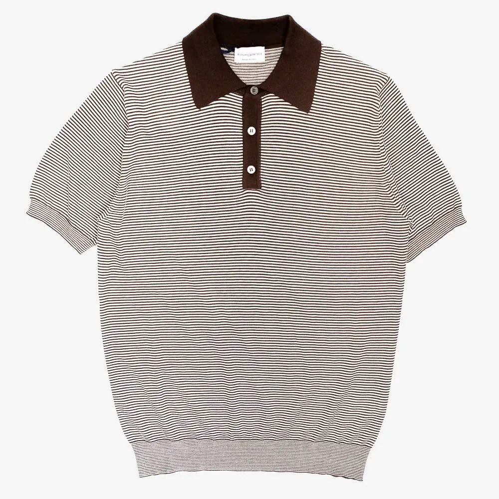 Front view of the Morgano striped polo shirt in moro featuring a clean silhouette and refined striped knit construction.