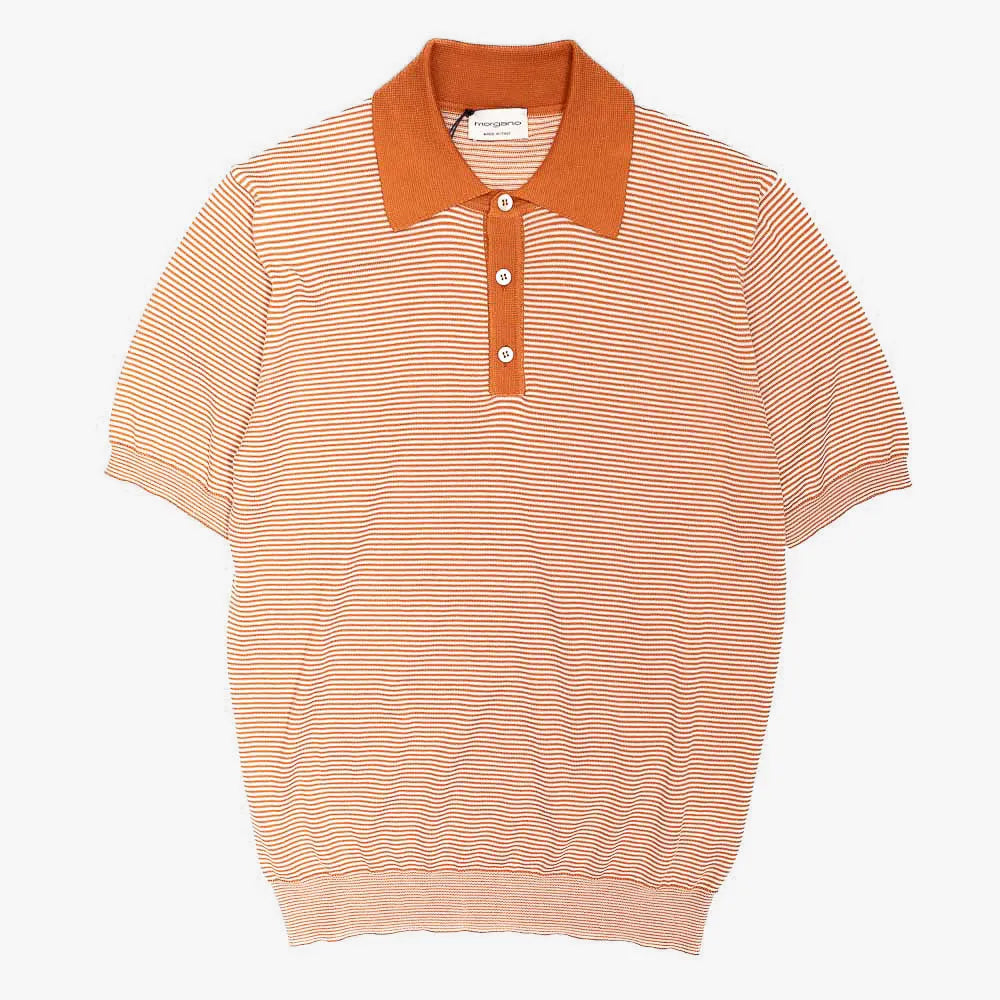 Front view of the Morgano striped polo shirt in ruggine featuring a clean silhouette and refined striped knit construction.
