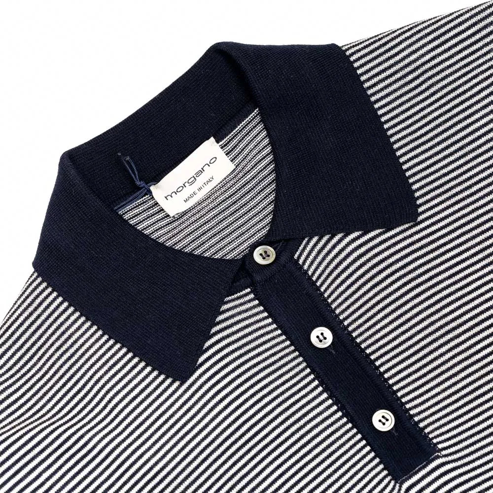 Close-up of the polo collar highlighting the knit collar and stripe pattern detail.
