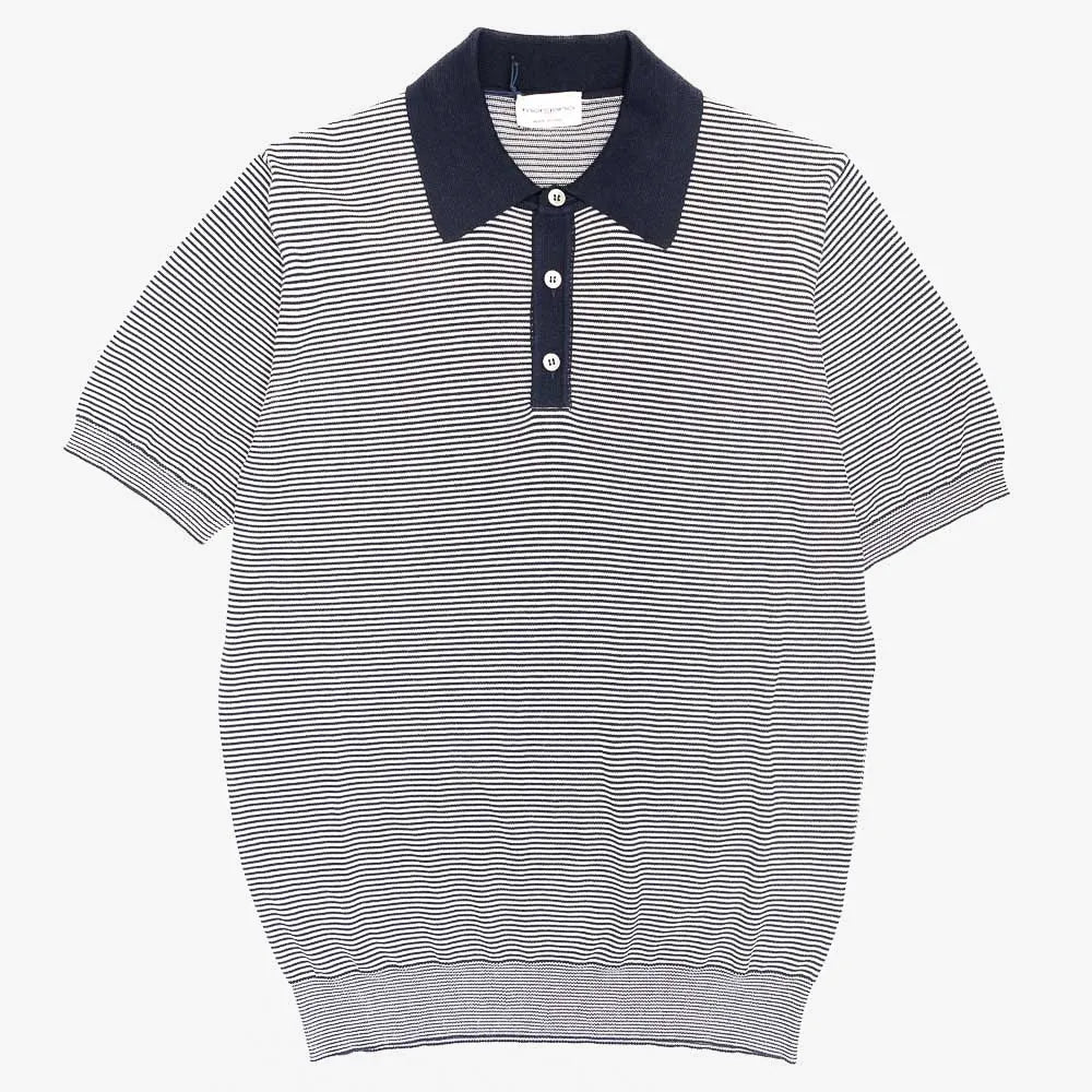 Front view of the Morgano striped polo shirt in white featuring a clean silhouette and refined striped knit construction.