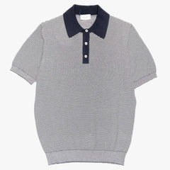 Front view of the Morgano striped polo shirt in white featuring a clean silhouette and refined striped knit construction.
