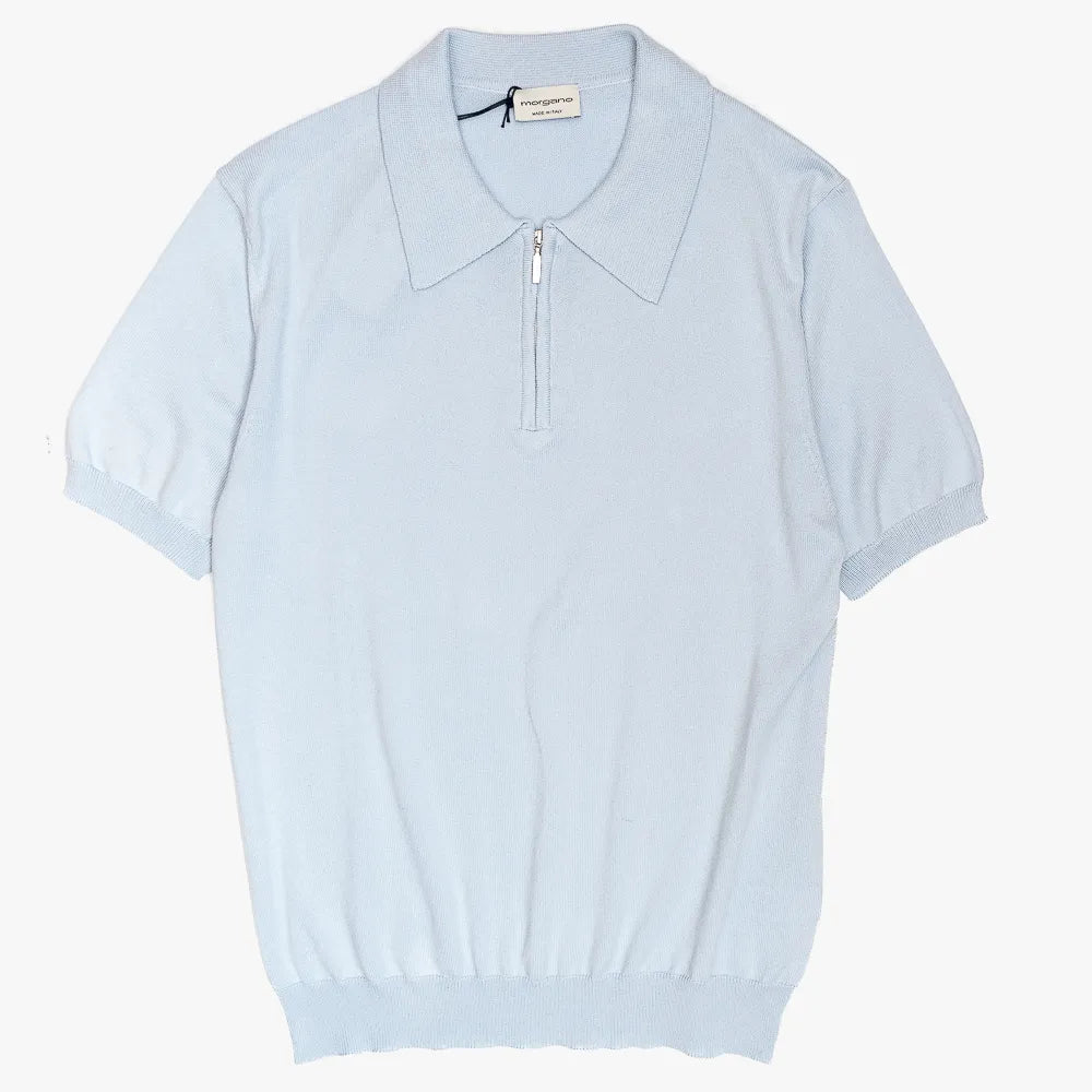 Front view of the Morgano zipped polo neck in cielo featuring a clean silhouette and refined knit construction with zip placket.
