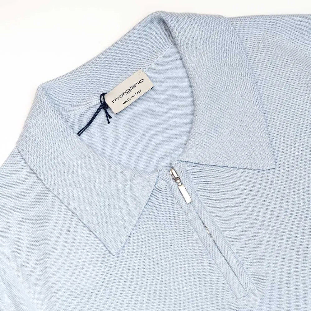 Close-up of the zip polo collar highlighting the metal zip and structured knit collar.