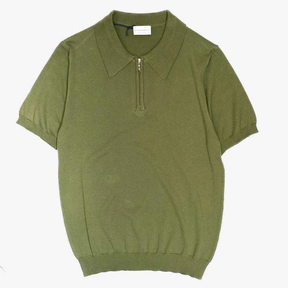 Front view of the Morgano zipped polo neck in militare featuring a clean silhouette and refined knit construction with zip placket.