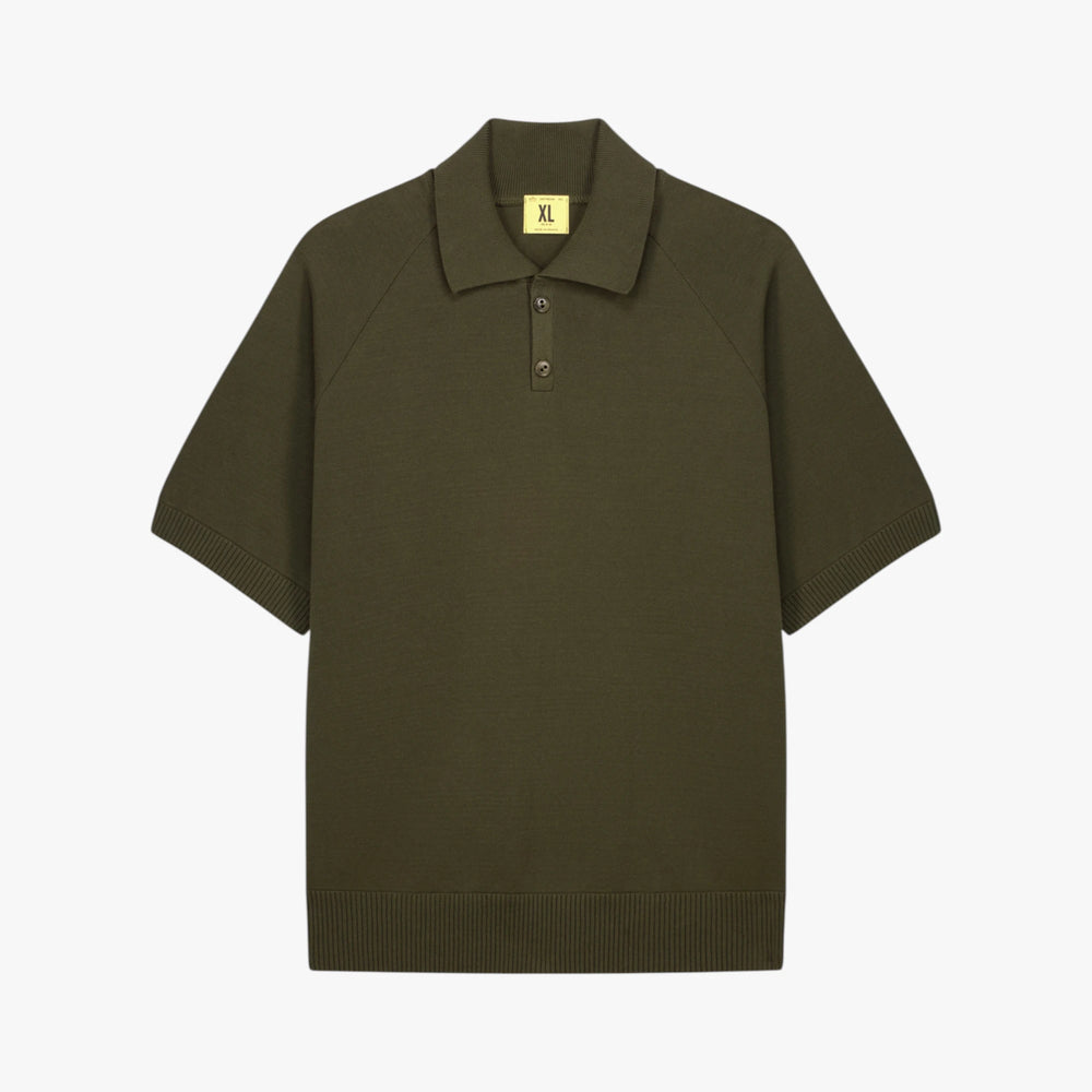 Front view of the Nitto Sevan Polo in khaki featuring a clean silhouette with distinctive raglan sleeve construction.