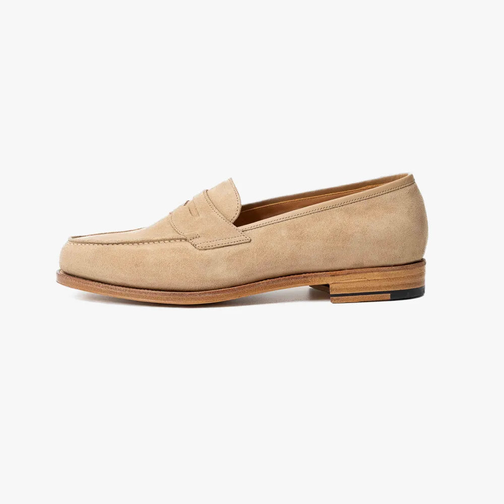 Oriental Albers Penny Loafer in beige suede, side profile showing clean lines.