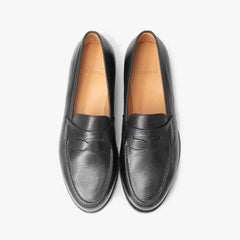 Oriental Albers Penny Loafer in Black Utah Calf leather, top view of pair with penny strap detail.