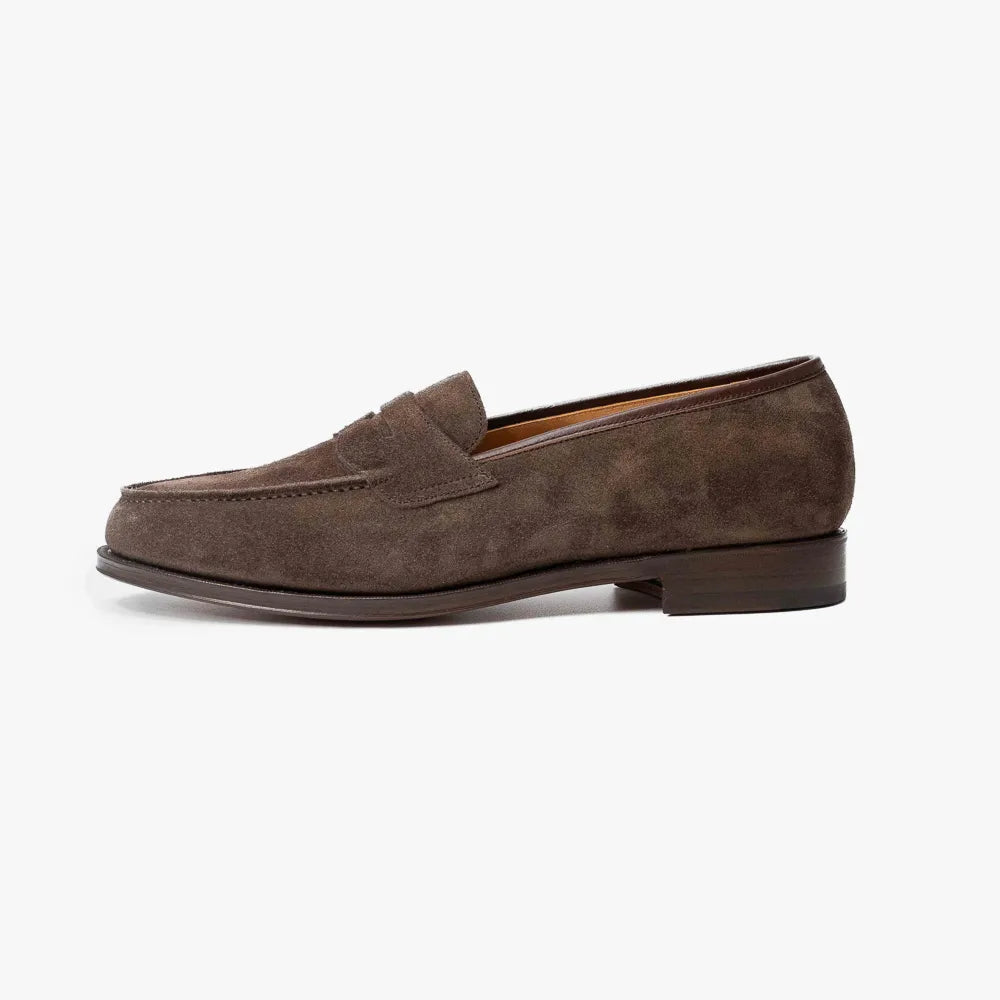 Oriental Albers Penny Loafer in dark brown suede, side profile showing clean lines.