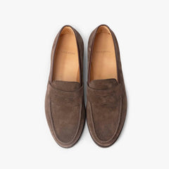 Oriental Albers Penny Loafer in dark brown suede, top view of pair with penny strap visible.
