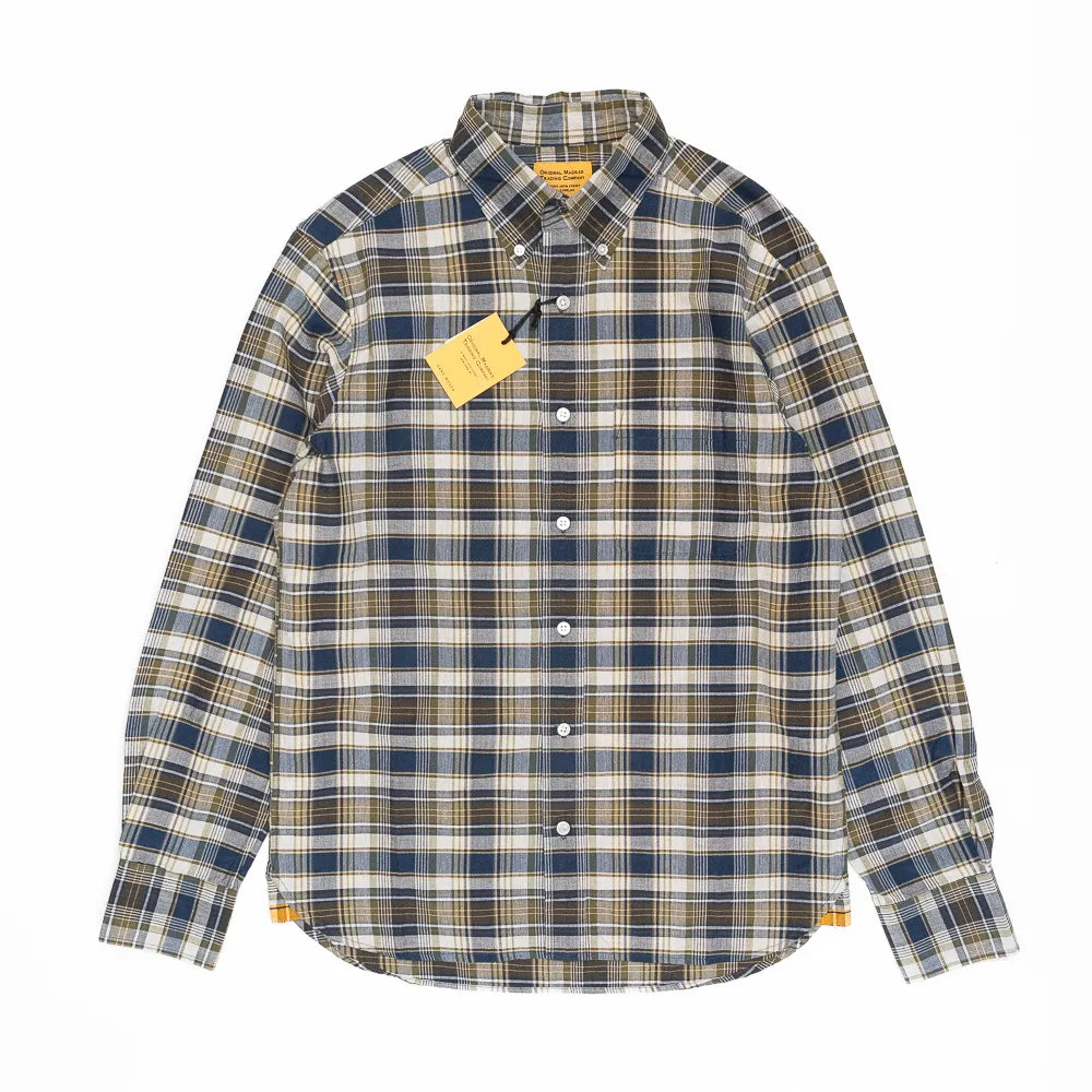 navy olive white madras check shirt mens button down collar long sleeve
