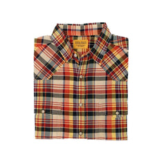 Folded view of the Original Madras Classic Western Shirt Checked Red/Yellow showing the pattern layout and Western design elements.