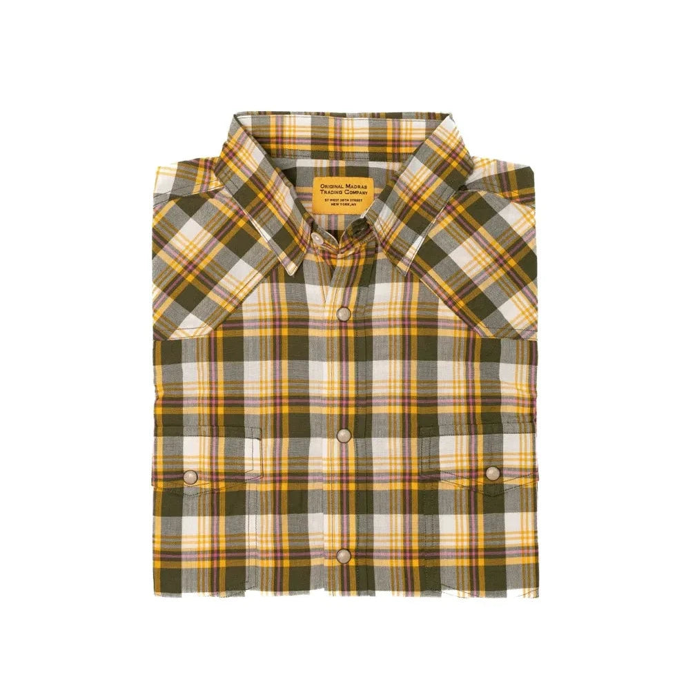 Folded view of the Original Madras Classic Western Shirt Yellow Check showing the check pattern layout and Western details.