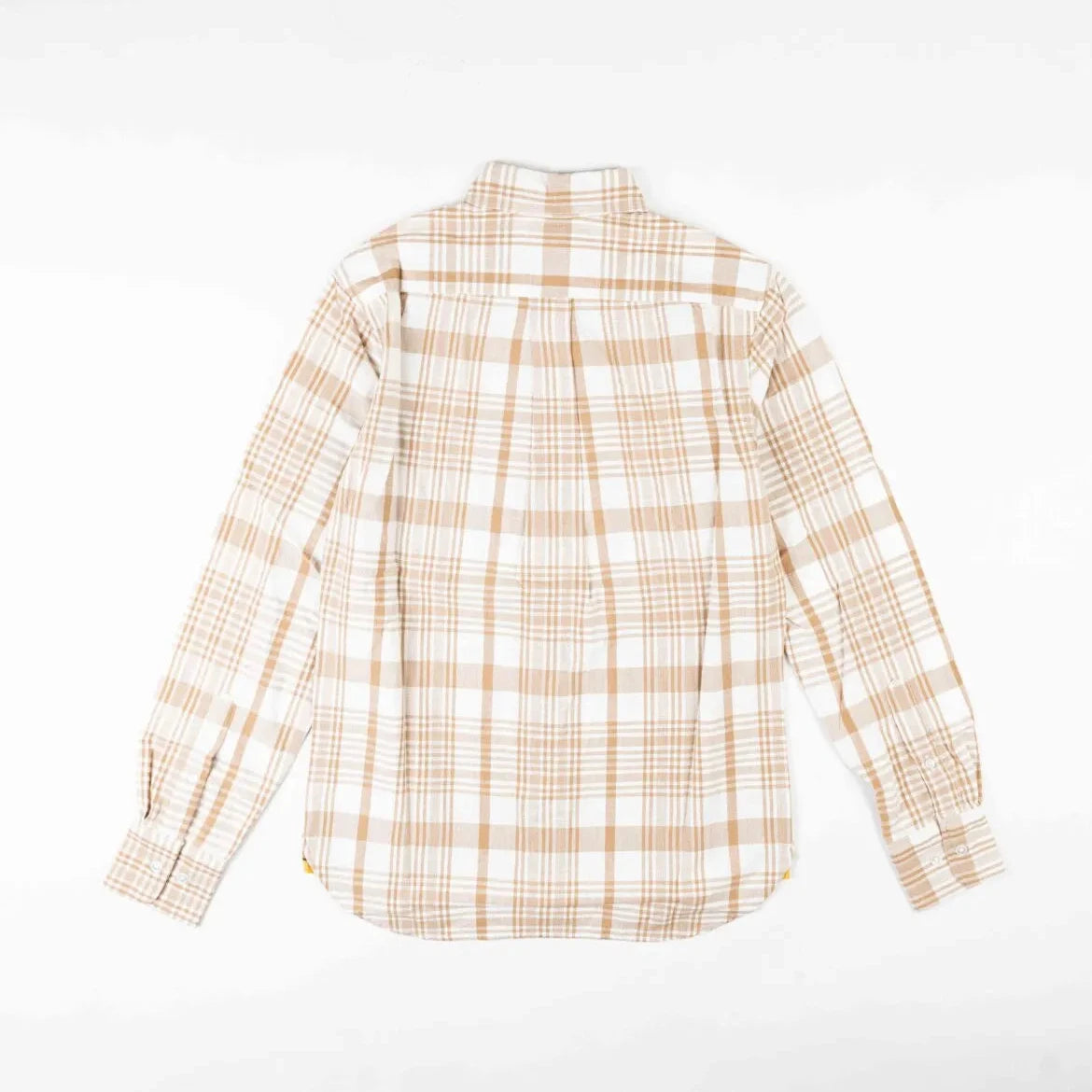 Back view of the Original Madras N5 BD Shirt Beige showcasing the back yoke, pleats, and overall drape of the lightweight Madras fabric.