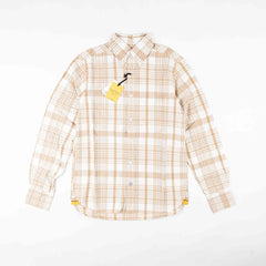 Front view of the Original Madras Trading Company N5 Classic Button Down Collar Long Sleeve Shirt Beige showing the relaxed silhouette and soft beige plaid pattern.