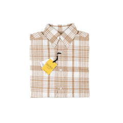 Folded view of the Original Madras Trading Company N5 Classic Button Down Shirt Beige showing the plaid pattern, collar shape, and handwoven texture.
