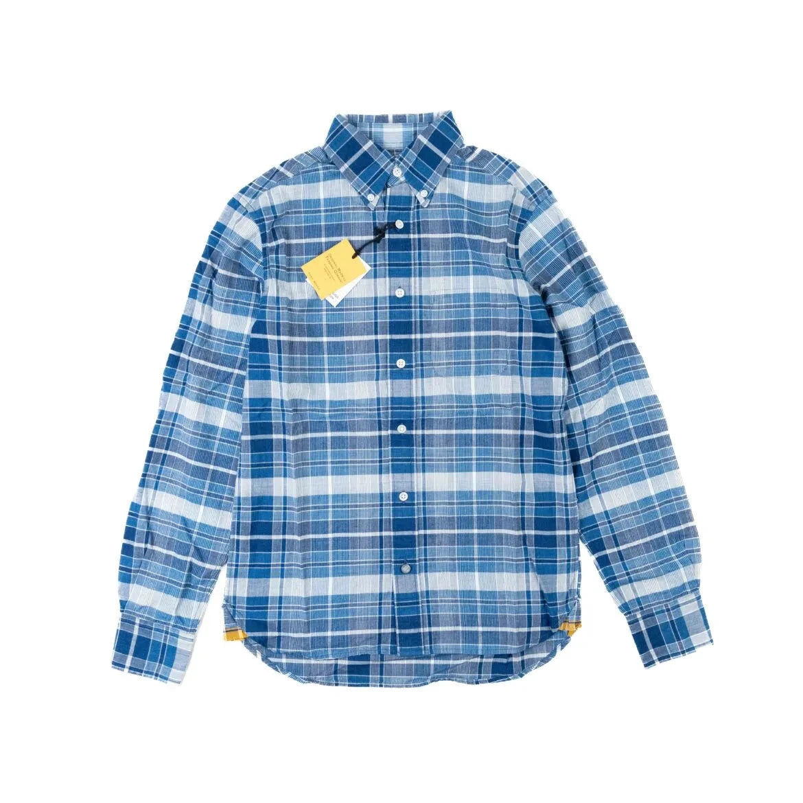 Front view of the Original Madras Trading Company N5 Classic Button Down Collar Long Sleeve Shirt Blue showing the relaxed silhouette and soft blue Madras check pattern.
