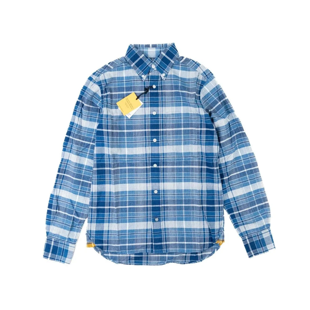 Front view of the Original Madras Trading Company N5 Classic Button Down Collar Long Sleeve Shirt Blue showing the relaxed silhouette and soft blue Madras check pattern.
