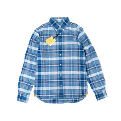 Front view of the Original Madras Trading Company N5 Classic Button Down Collar Long Sleeve Shirt Blue showing the relaxed silhouette and soft blue Madras check pattern.
