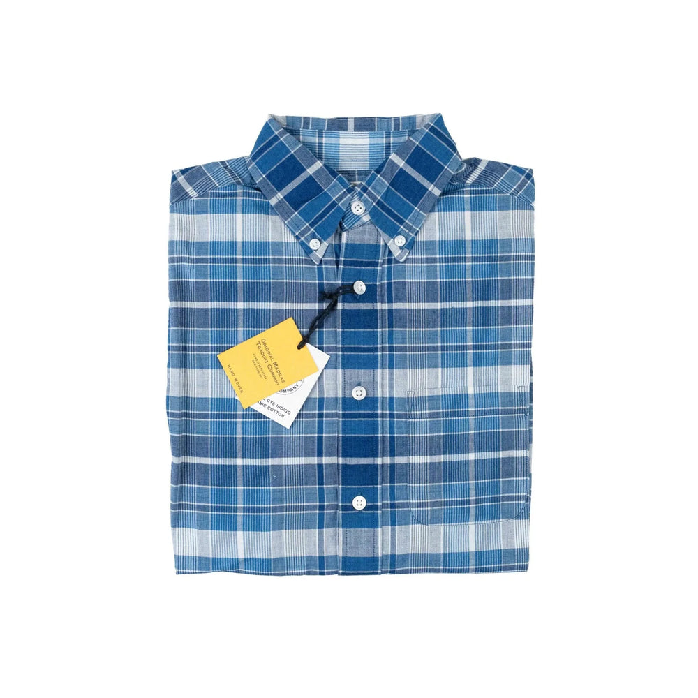 Folded view of the Original Madras N5 Classic Button Down Shirt Blue showing the pattern layout, collar shape, and handwoven texture.