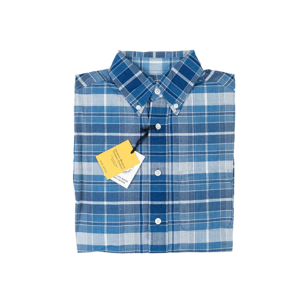 Folded view of the Original Madras N5 Classic Button Down Shirt Blue showing the pattern layout, collar shape, and handwoven texture.