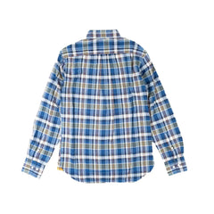 Back view of the Original Madras N5 BD Shirt Blue Red highlighting the back yoke, pleats, and the handwoven light cotton fabric.