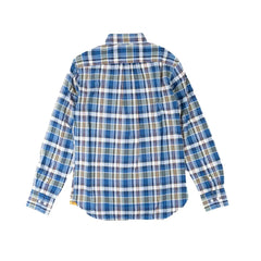 Back view of the Original Madras N5 BD Shirt Blue highlighting the back yoke, pleats, and lightweight handwoven fabric.