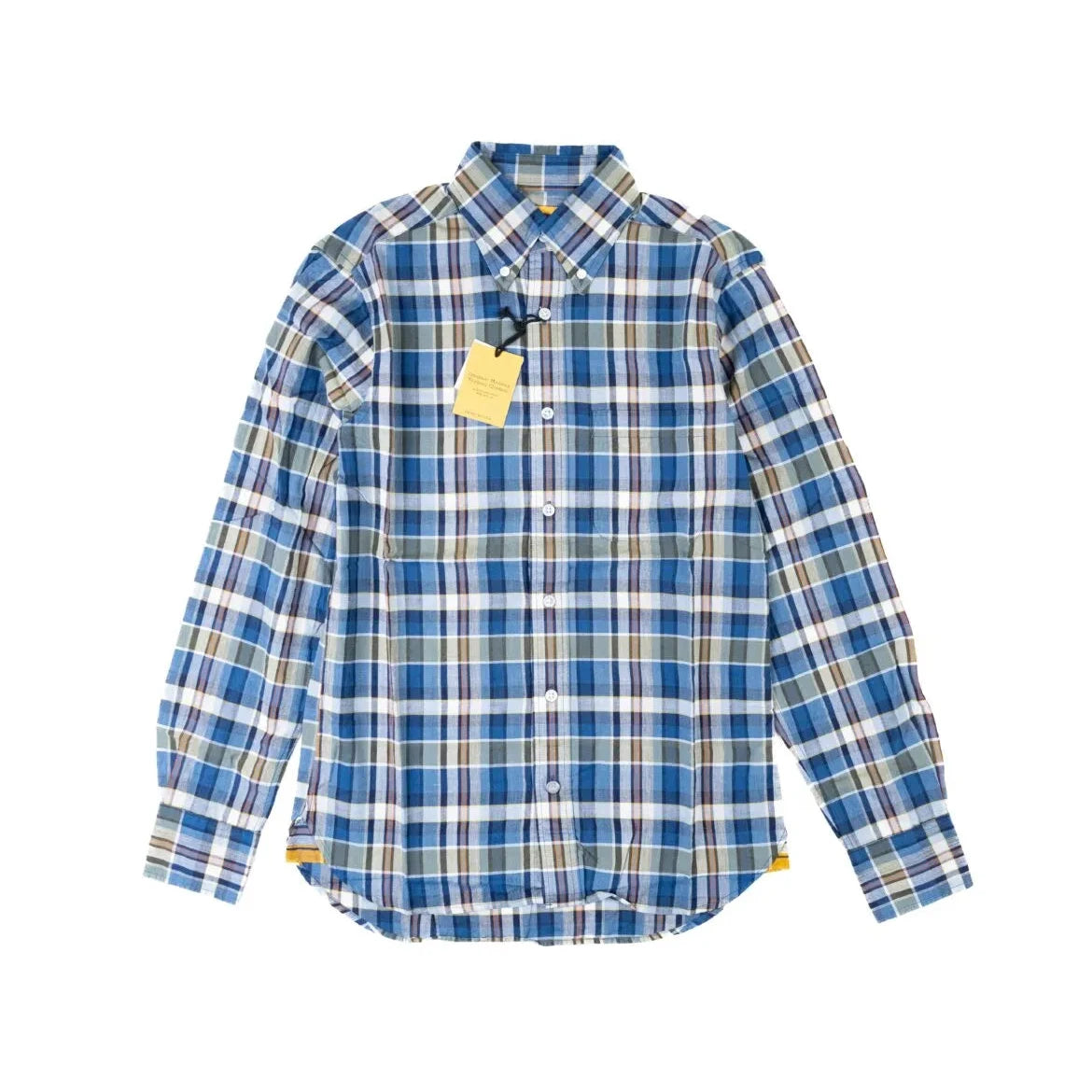 Front view of the Original Madras Trading Company N5 Classic Button Down Collar Long Sleeve Shirt Blue Red showing the relaxed silhouette and vibrant blue–red Madras check.