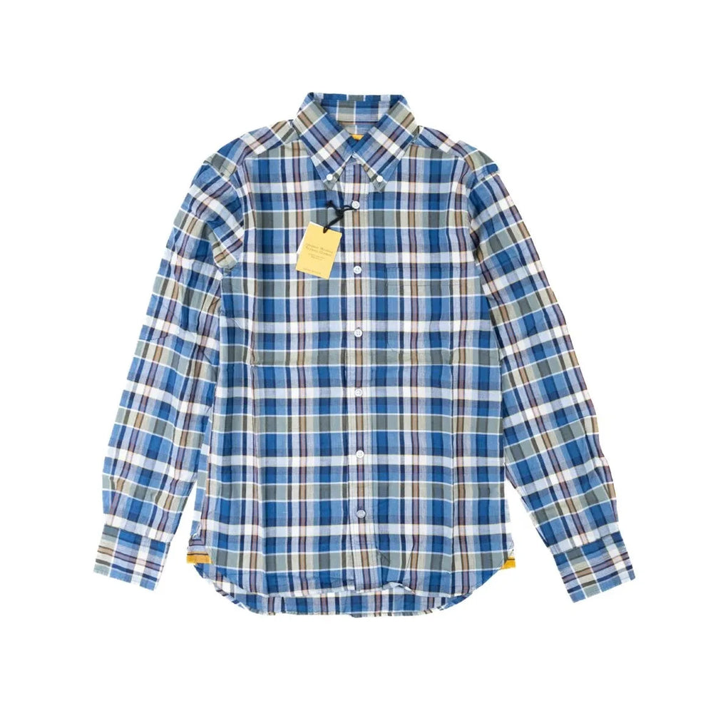 Front view of the Original Madras Trading Company N5 Classic Button Down Collar Long Sleeve Shirt Blue Red showing the relaxed silhouette and vibrant blue–red Madras check.