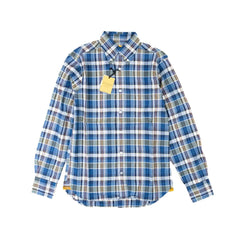 Front view of the Original Madras Trading Company N5 Classic Button Down Collar Long Sleeve Shirt Blue Red showing the relaxed silhouette and vibrant blue–red Madras check.