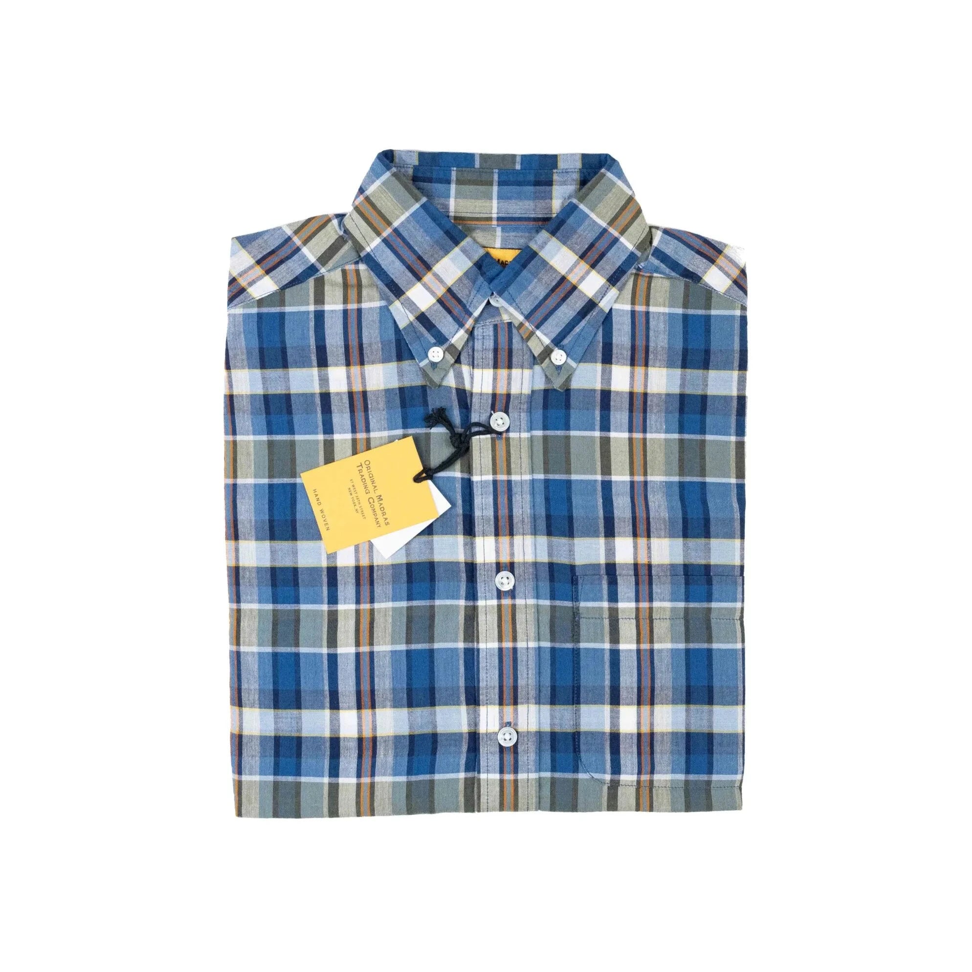 Folded view of the Original Madras N5 Classic Button Down Shirt Blue Red showing the pattern layout and collar shape.