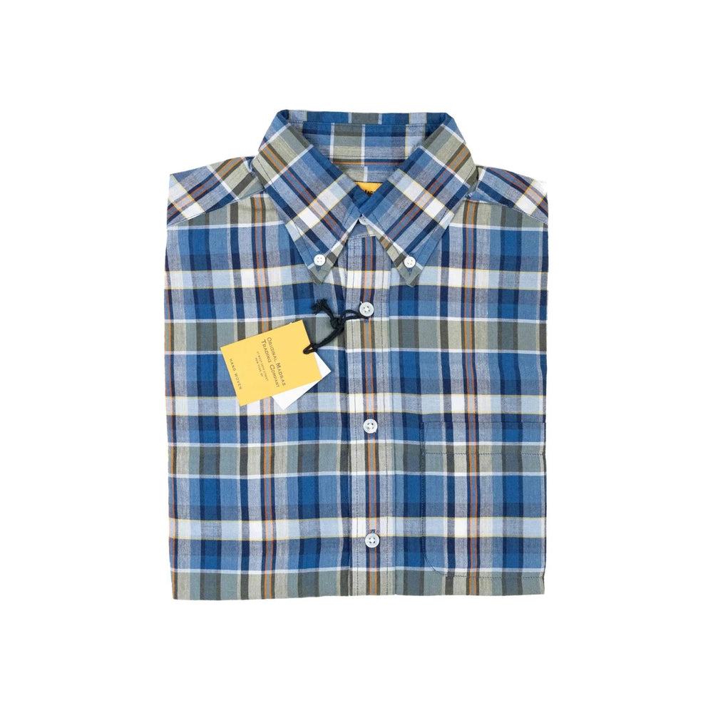 Folded view of the Original Madras N5 Classic Button Down Shirt Blue Red showing the pattern layout and collar shape.