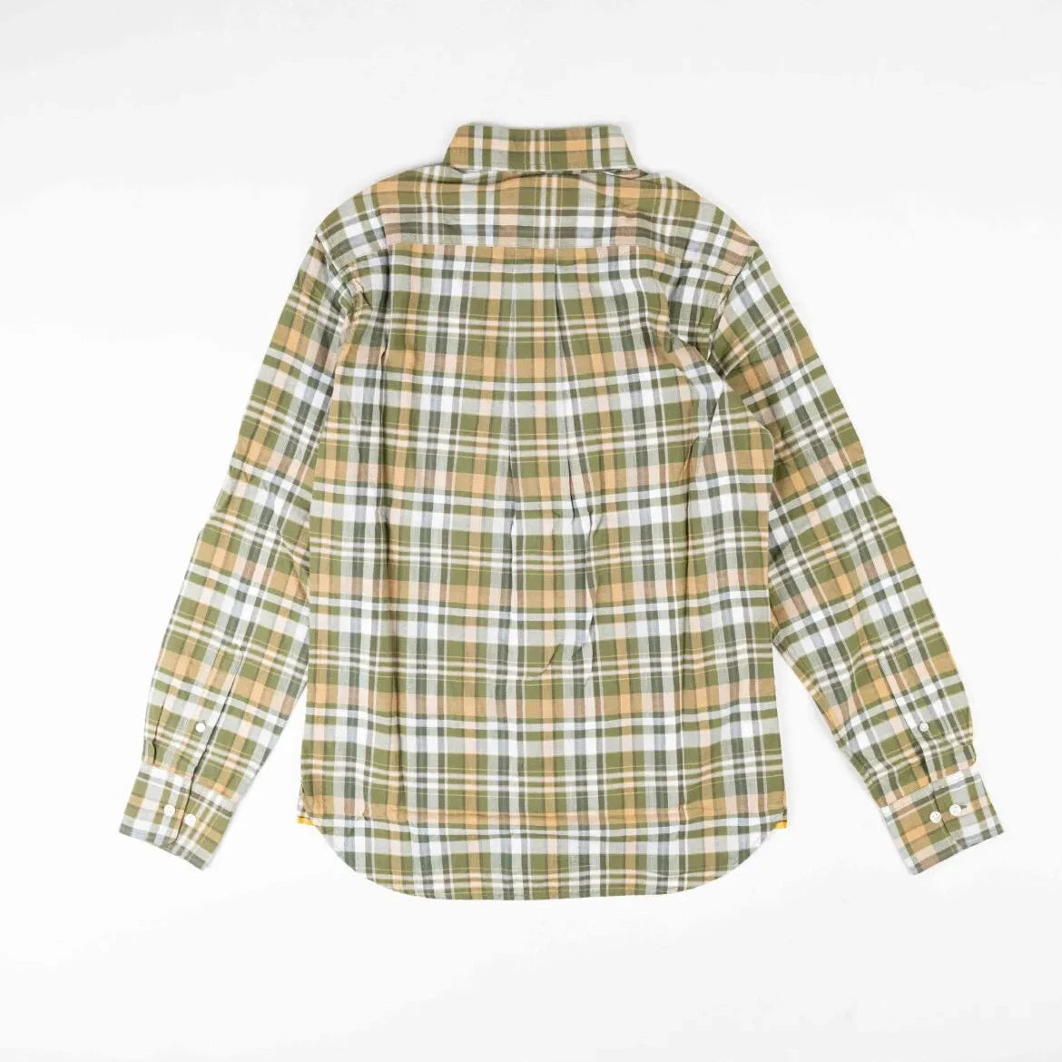 Back view of the Original Madras N5 BD Shirt Green Yellow highlighting the back yoke, pleats, and lightweight handwoven cotton fabric.