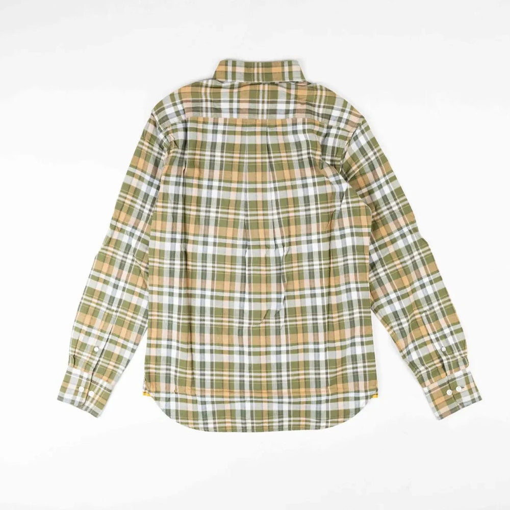 Back view of the Original Madras N5 BD Shirt Green Yellow highlighting the back yoke, pleats, and lightweight handwoven cotton fabric.