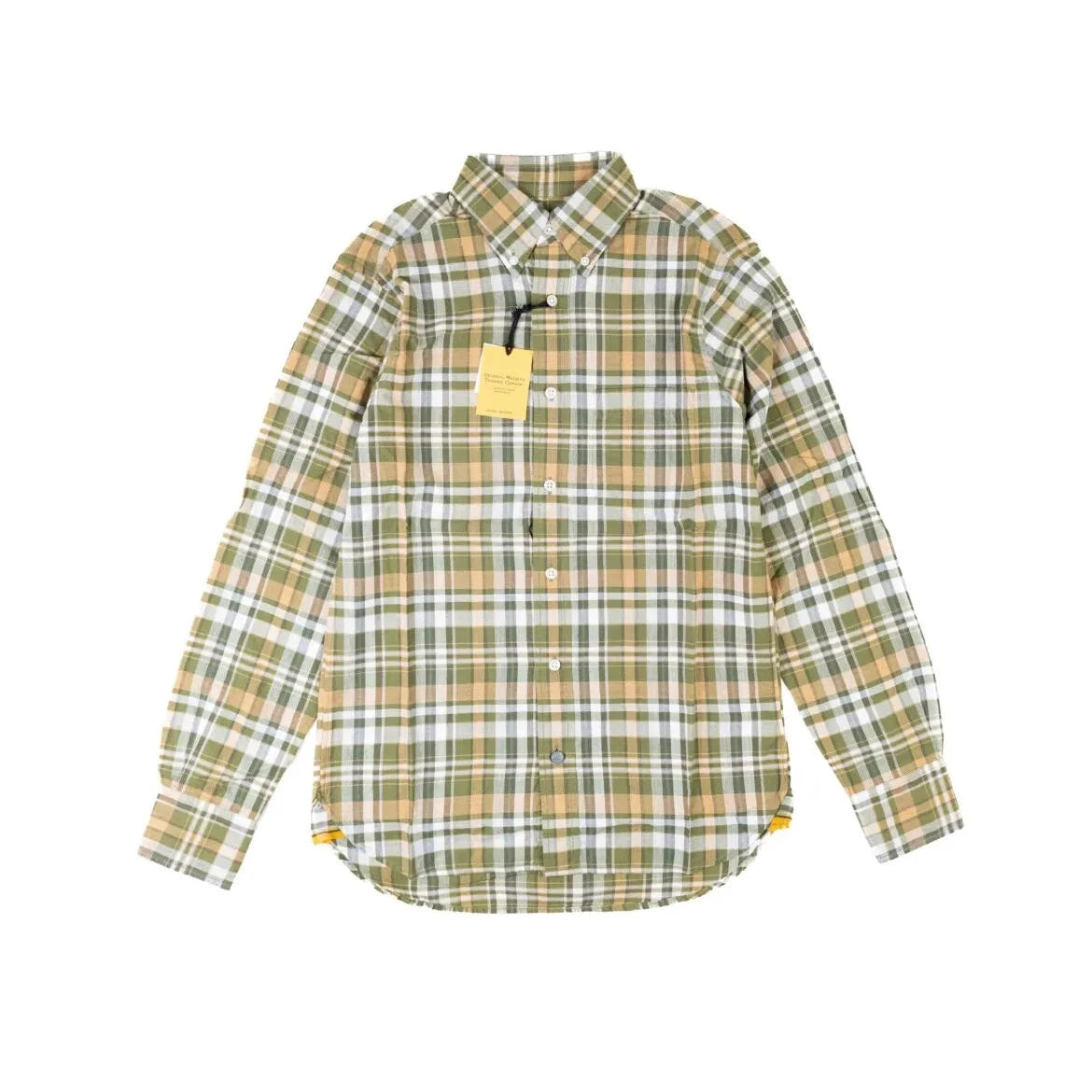 Front view of the Original Madras Trading Company N5 Classic Button Down Collar Long Sleeve Shirt Green Yellow showing the relaxed silhouette and green–yellow Madras check pattern.