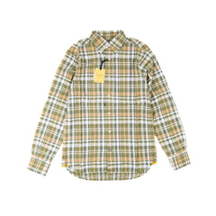 Front view of the Original Madras Trading Company N5 Classic Button Down Collar Long Sleeve Shirt Green Yellow showing the relaxed silhouette and green–yellow Madras check pattern.
