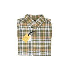 Folded view of the Original Madras N5 Classic Button Down Shirt Green Yellow showing the pattern layout and collar shape.