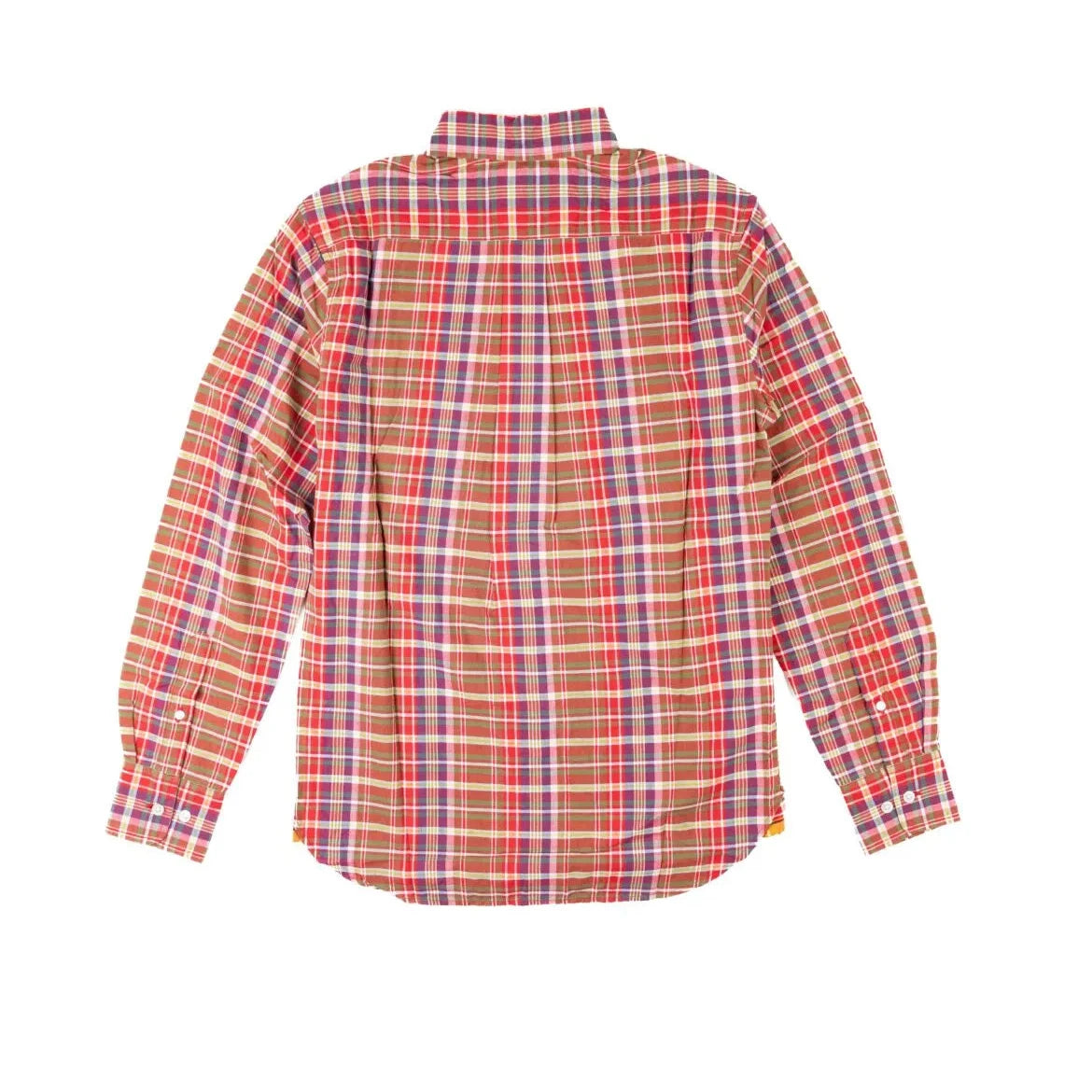 Back view of the Original Madras N5 BD Shirt Red highlighting the back yoke, pleats, and lightweight handwoven fabric.