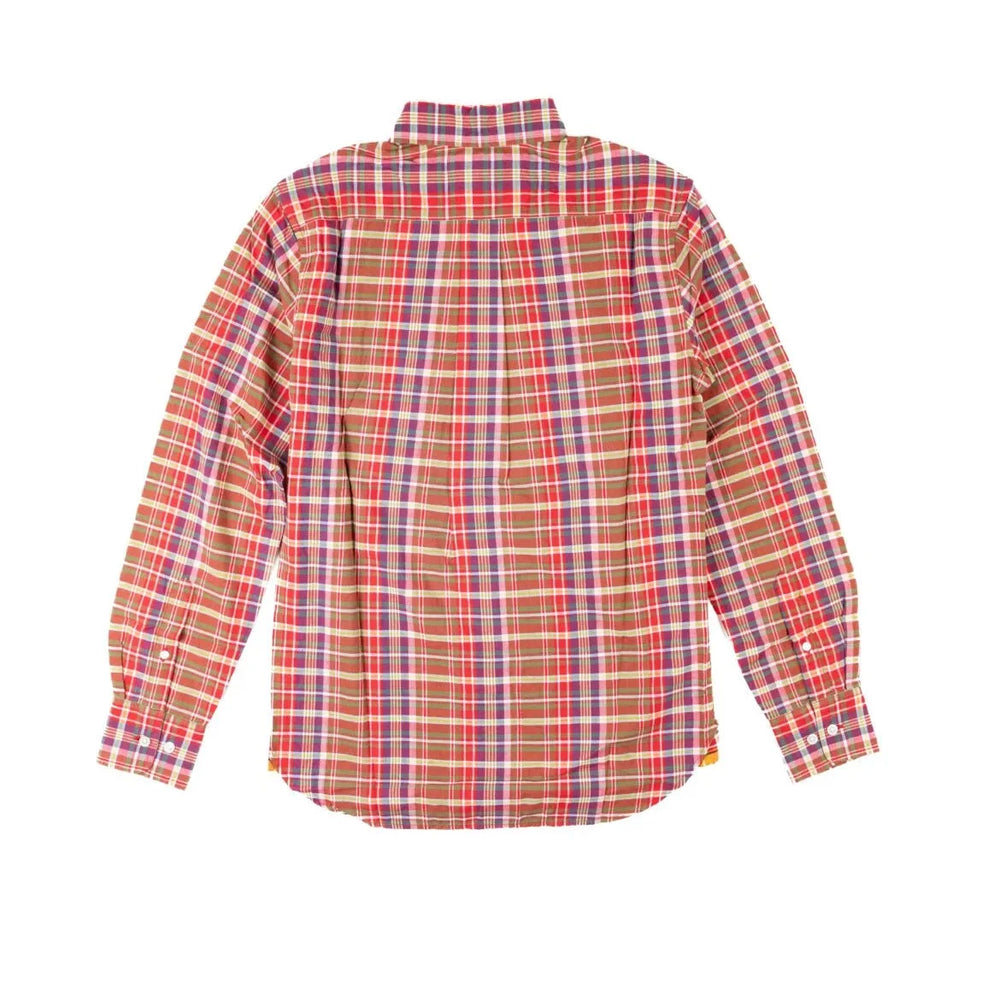 Back view of the Original Madras N5 BD Shirt Red highlighting the back yoke, pleats, and lightweight handwoven fabric.